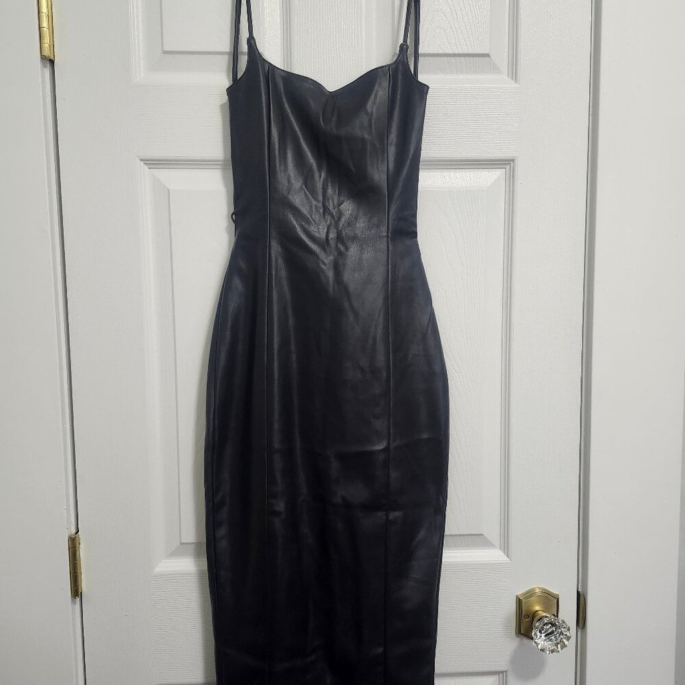 Meshki Celine NWT faux leather backless black dress, size XS